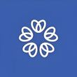 Logotipo blanco con forma de flor, compuesto por seis formas en bucle sobre un fondo azul.