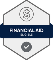 Badge: Financial Aid Eligible, blue banner, building icon, dollar sign.