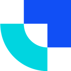 A blue and white square with a circle in the middle on a white background.