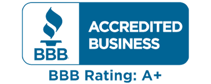 BBB Accredited Business logo, blue and white, with an A+ rating.
