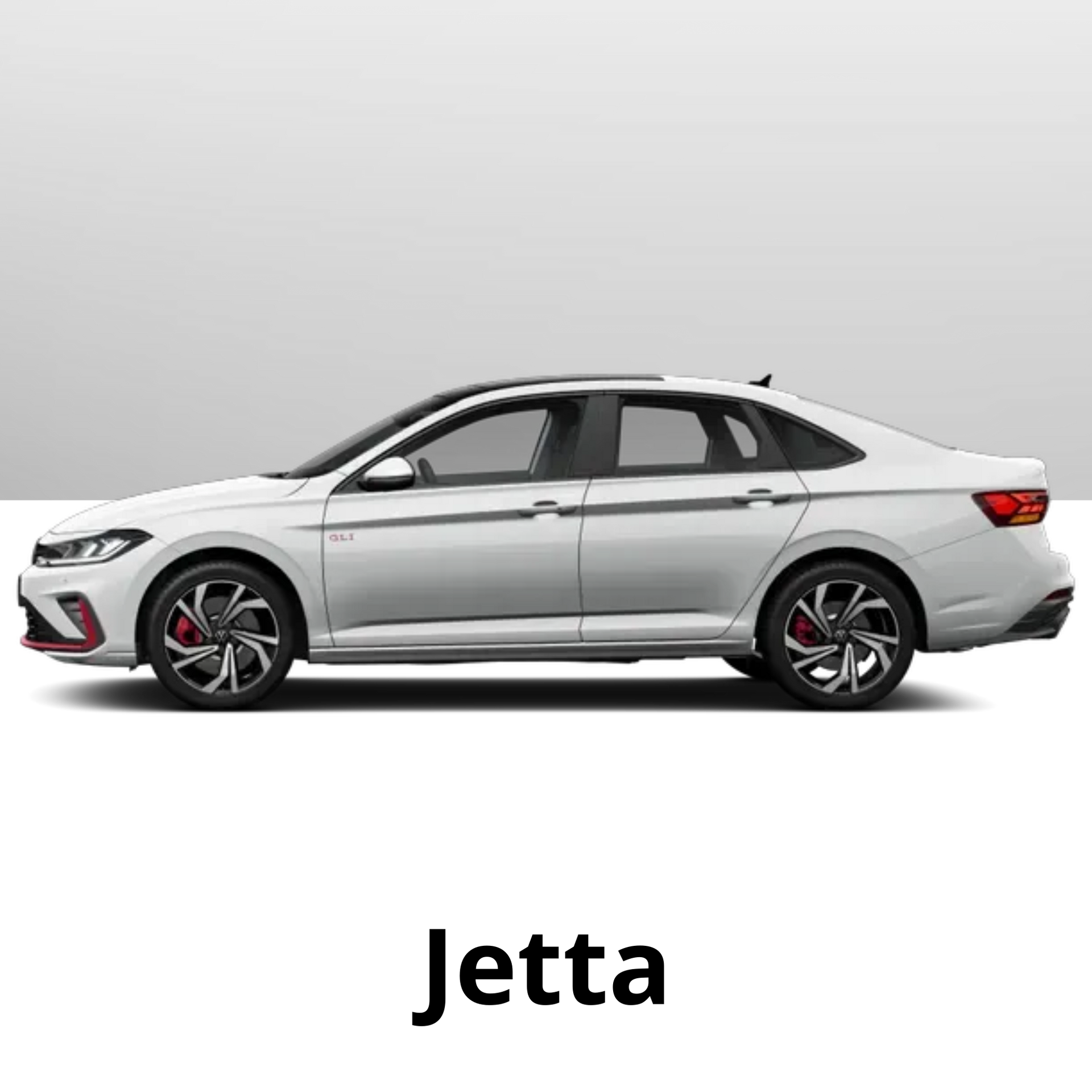 Volkswagen Jetta sedan branco, vista lateral, rodas pretas, detalhes em vermelho.