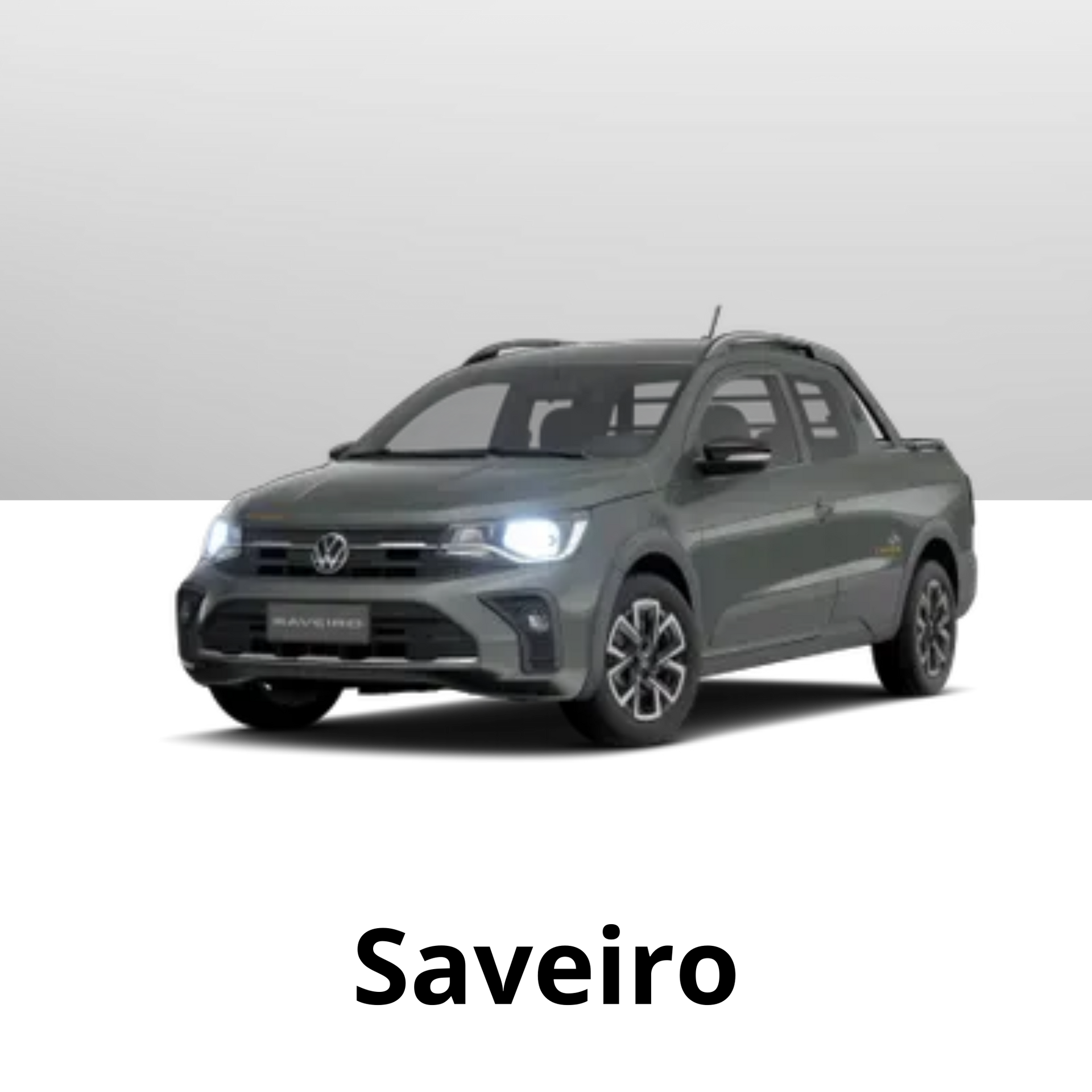 Caminhonete Volkswagen Saveiro cinza sobre um fundo cinza.