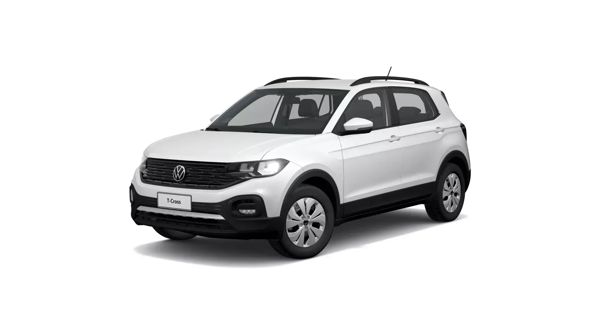 SUV Volkswagen T-Cross branca, ligeiramente inclinada para a esquerda, com detalhes em preto, barras de teto pretas