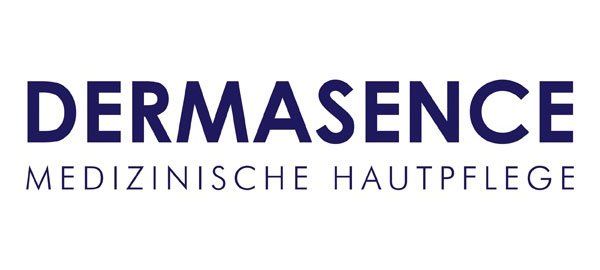 The logo for dermasence is blue and white and says medizinische hautpflege.