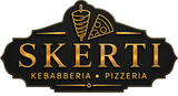 Logo della pizzeria-kebab SKERTI in oro su sfondo nero con icone di kebab e pizza.