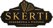 Logo della pizzeria-kebab SKERTI in oro su sfondo nero con icone di kebab e pizza.