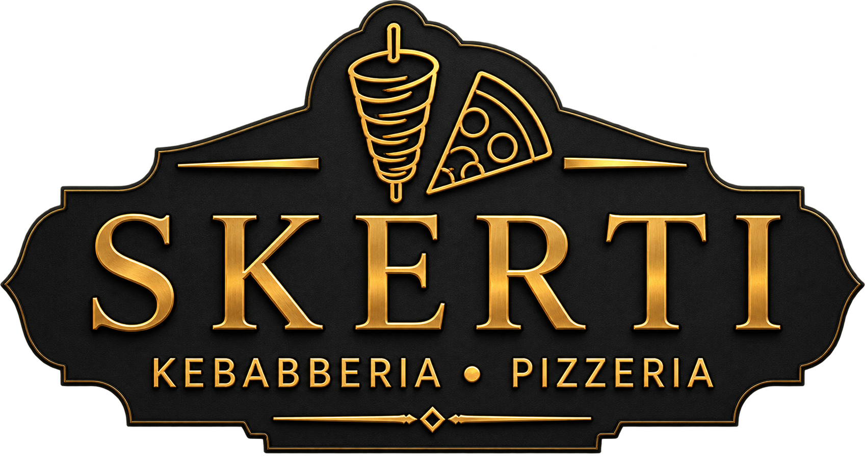 Logo della pizzeria-kebab SKERTI in oro su sfondo nero con icone di kebab e pizza.