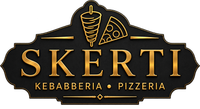 Logo della pizzeria-kebab SKERTI in oro su sfondo nero con icone di kebab e pizza.