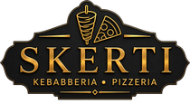 Logo della pizzeria-kebab SKERTI in oro su sfondo nero con icone di kebab e pizza.