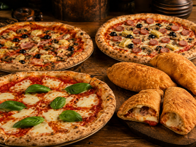 Un assortimento di pizze e calzoni su un tavolo rustico, tra cui Margherita, pepperoni e funghi.