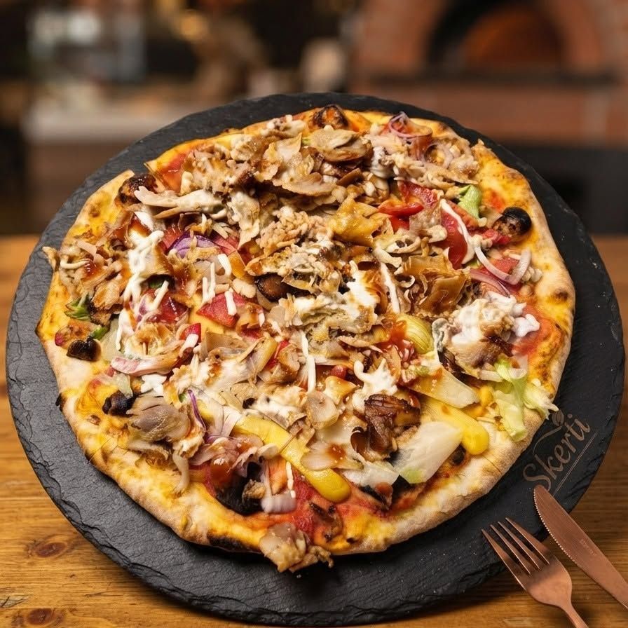 Pizza riccamente farcita con funghi, cipolle rosse e peperoni, servita su un tagliere scuro.