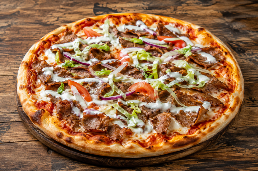 Una pizza al formaggio condita con carne, cipolle e peperoni verdi su un tavolo di legno.