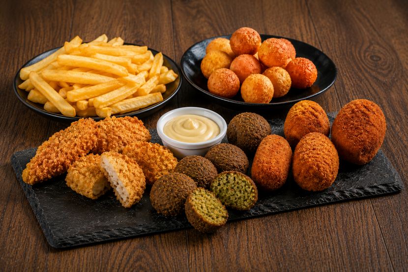 Assortimento di snack fritti, patatine fritte, salse e crocchette su vassoi neri disposti su un tavolo di legno.
