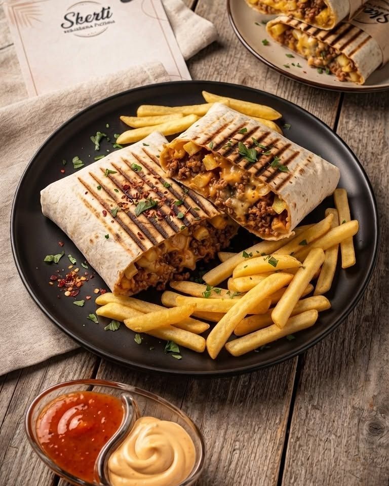 Metà di piadine grigliate con patatine fritte e salse, servite su un piatto nero, su un tavolo di legno rustico.
