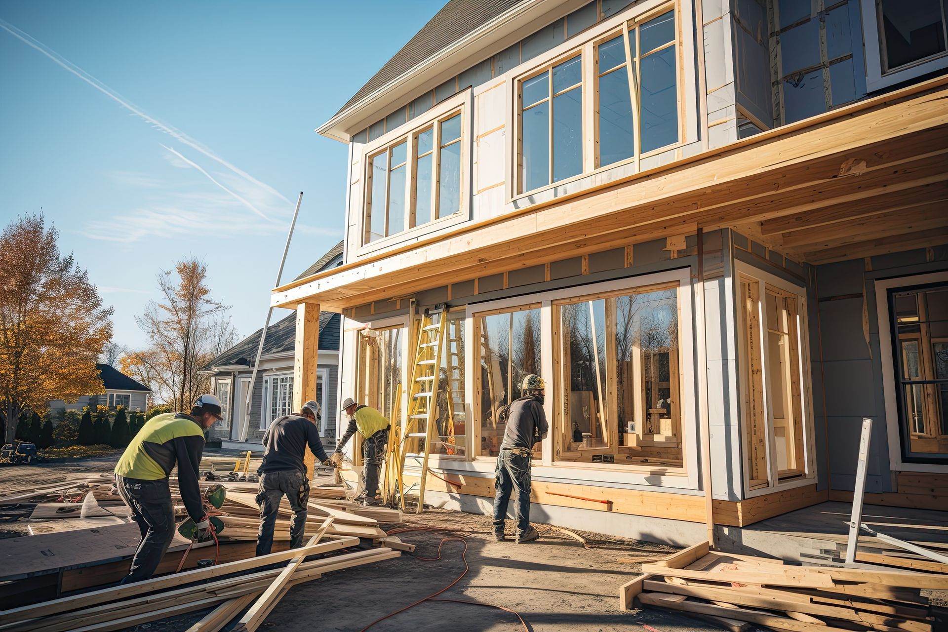 A group of construction workers are working on a house under construction.