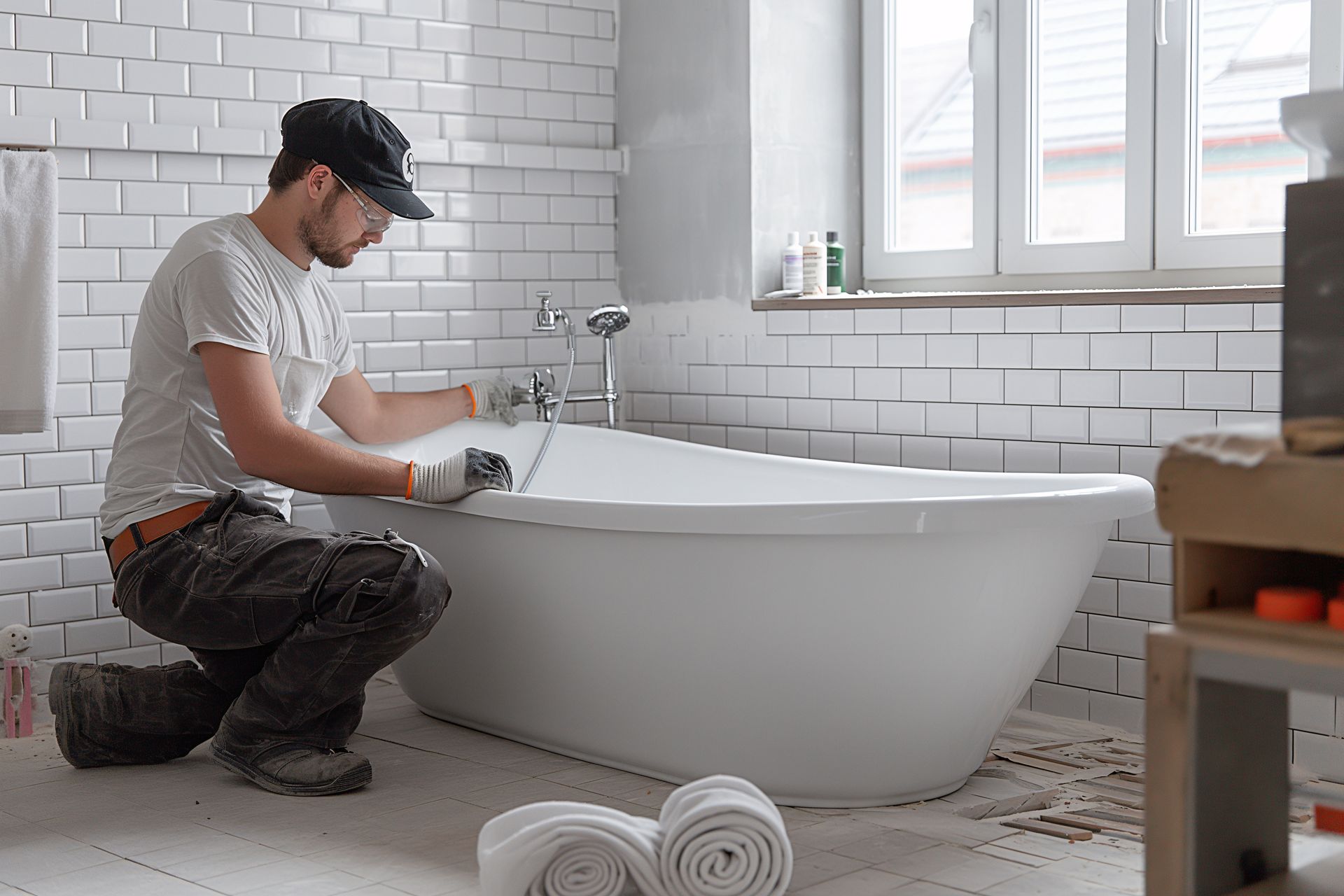 Man installing a white bathtub in a bathroom with white tile walls and a window. Man installing a white bathtub in a bathroom with white tile walls and a window.