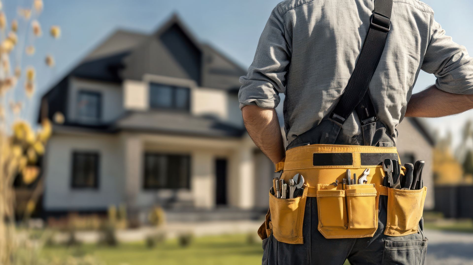 A person with a tool belt stands in front of a house, possibly for home repairs. A person with a tool belt stands in front of a house, possibly for home repairs.