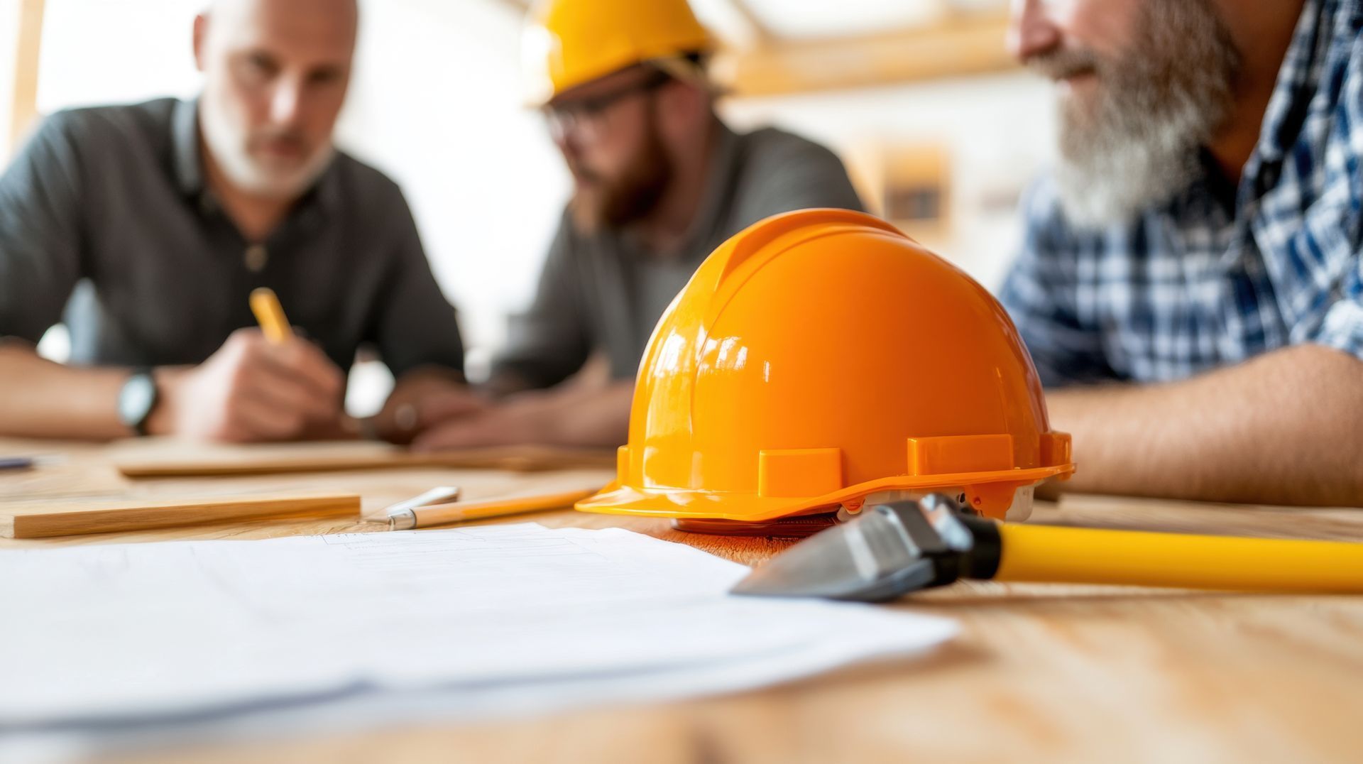 Construction workers in a meeting, focused on blueprints with an orange hard hat and hammer in the foreground. Construction workers in a meeting, focused on blueprints with an orange hard hat and hammer in the foreground.