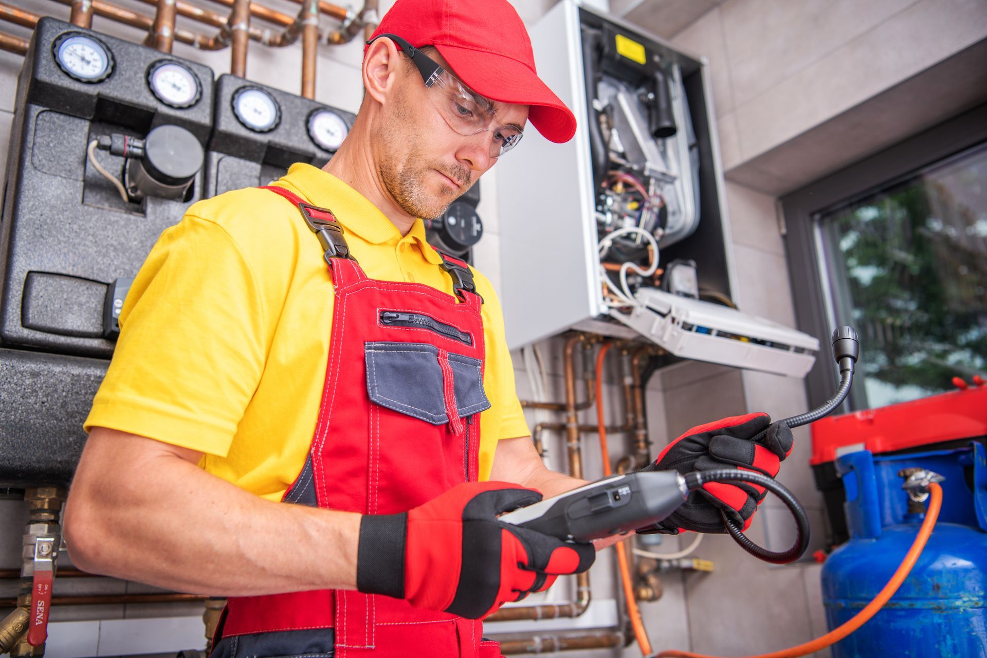 HVAC technician inspecting a gas-powered heating system with a handheld device, wearing a red hat and overalls.