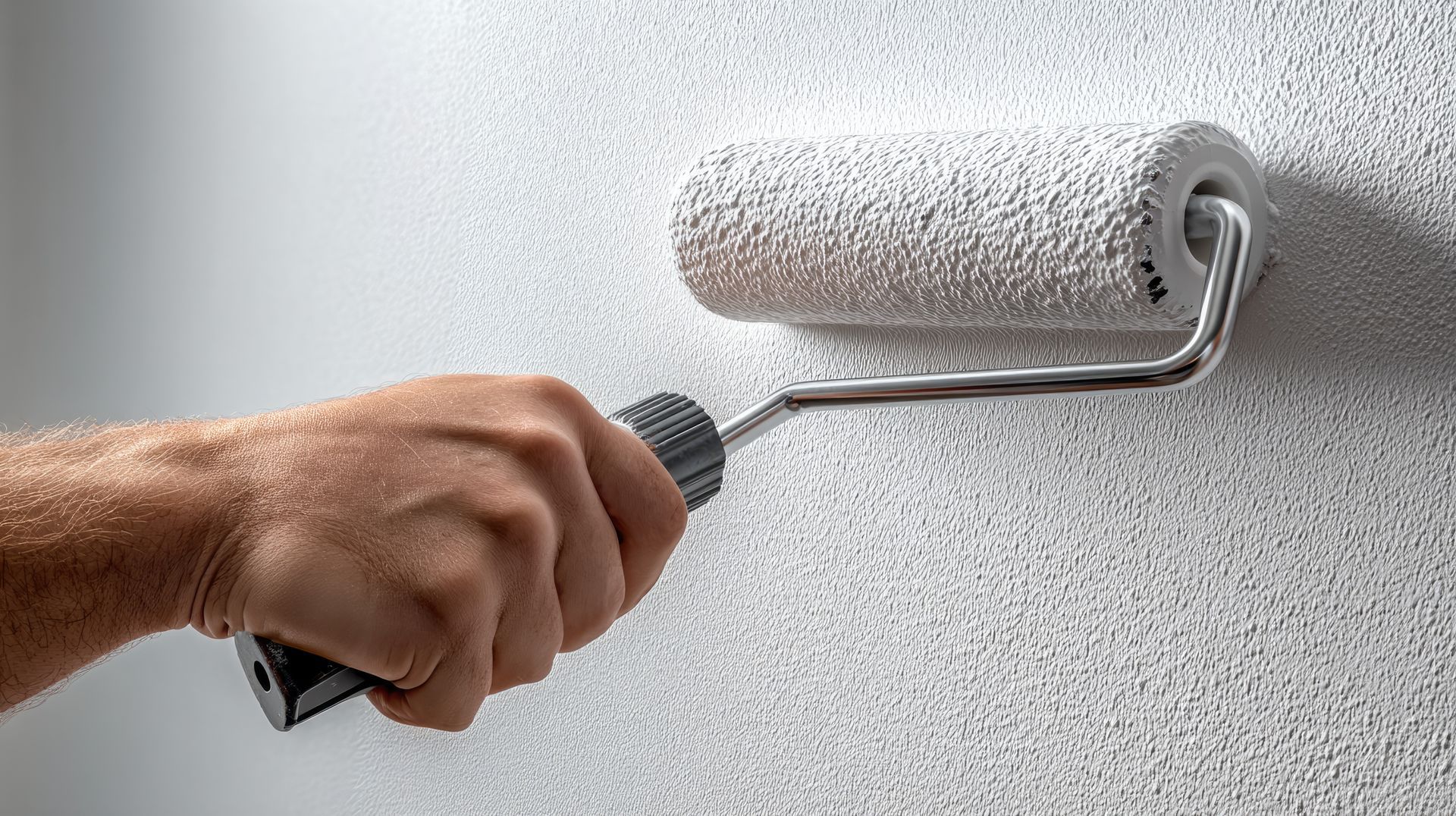 Hand painting a white textured wall with a paint roller. Hand painting a white textured wall with a paint roller.