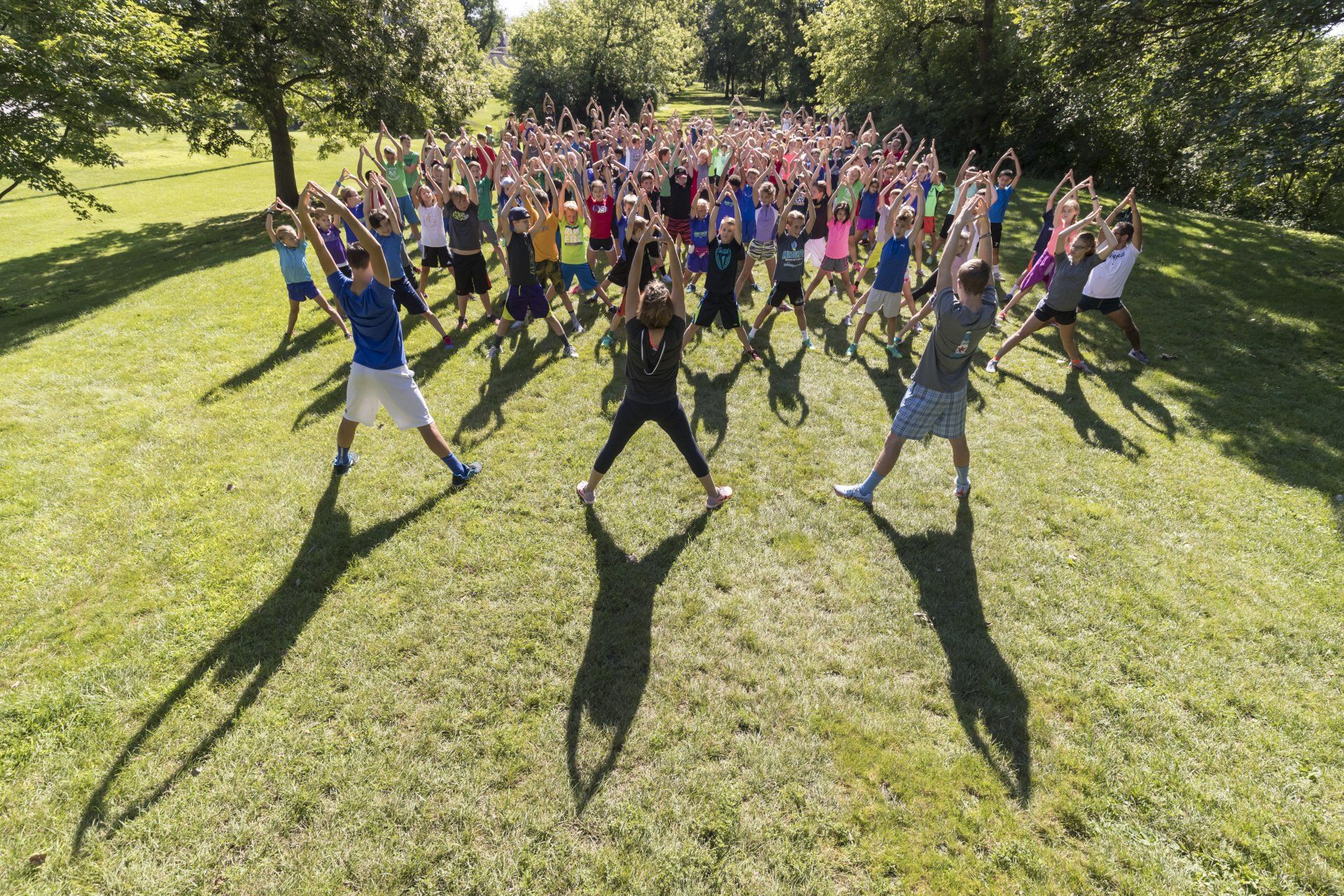A large group of people are doing yoga in a park.