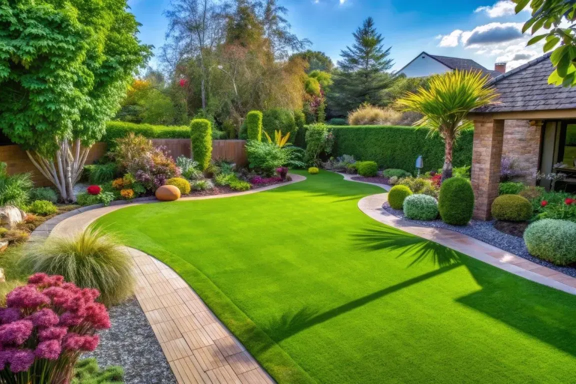 Residential backyard with artificial turf.