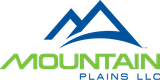 Logo of "Mountain Plains LLC" with blue mountain peaks over a green text "MOUNTAIN", curved blue line, and text "PLAINS LLC".