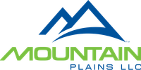 Logo of "Mountain Plains LLC" with blue mountain peaks over a green text "MOUNTAIN", curved blue line, and text "PLAINS LLC".