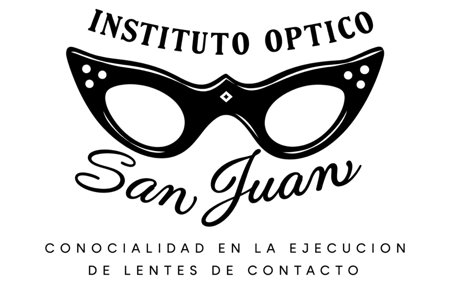 Logo en blanco y negro de Instituto Óptico San Juan, con gafas y texto de contacto.