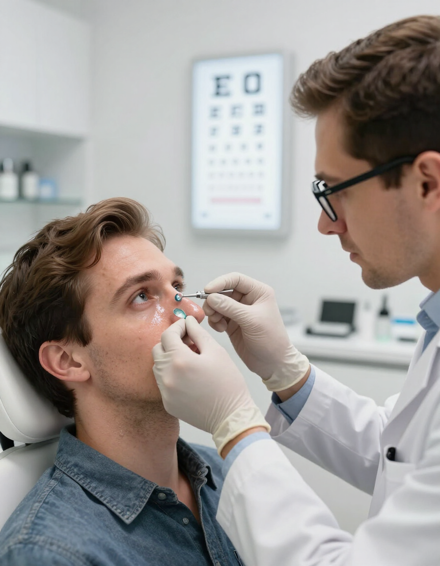 Médico examinando el ojo de un paciente en una clínica, utilizando un hisopo de algodón y una mirada fija.