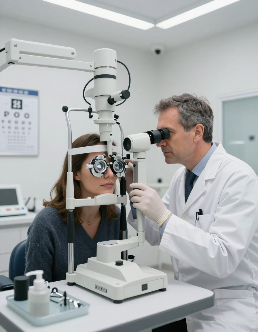 Examen ocular en la clínica: el médico examina al paciente con un foróptero y un microscopio de lámpara de hendidura.