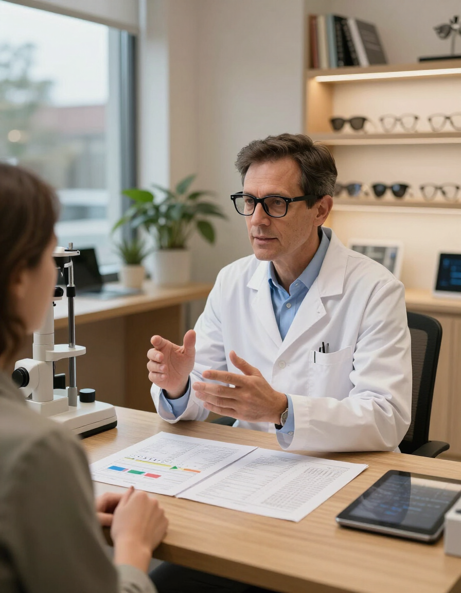 Un médico habla con un paciente al otro lado de un escritorio en una luminosa consulta
