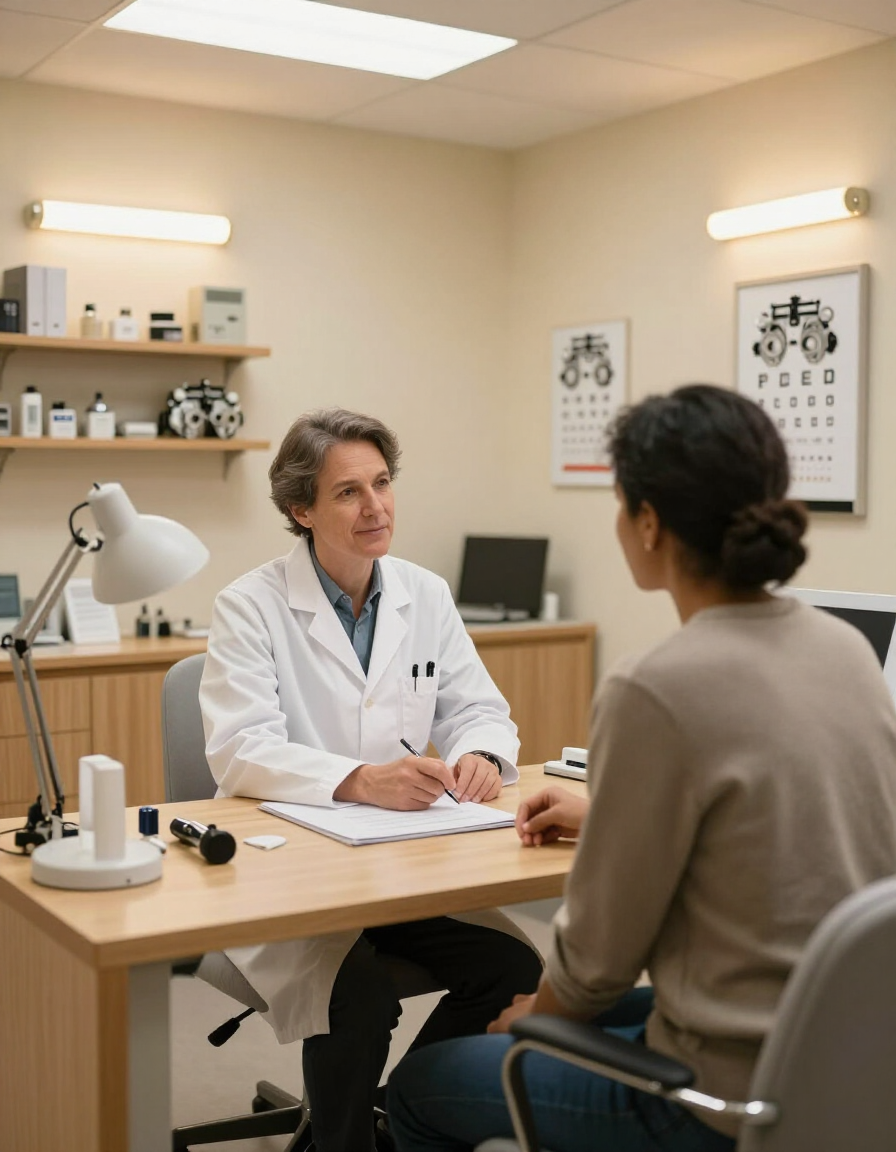 Un médico atiende a un paciente en un pequeño consultorio médico, sentados uno frente al otro frente a un escritorio.