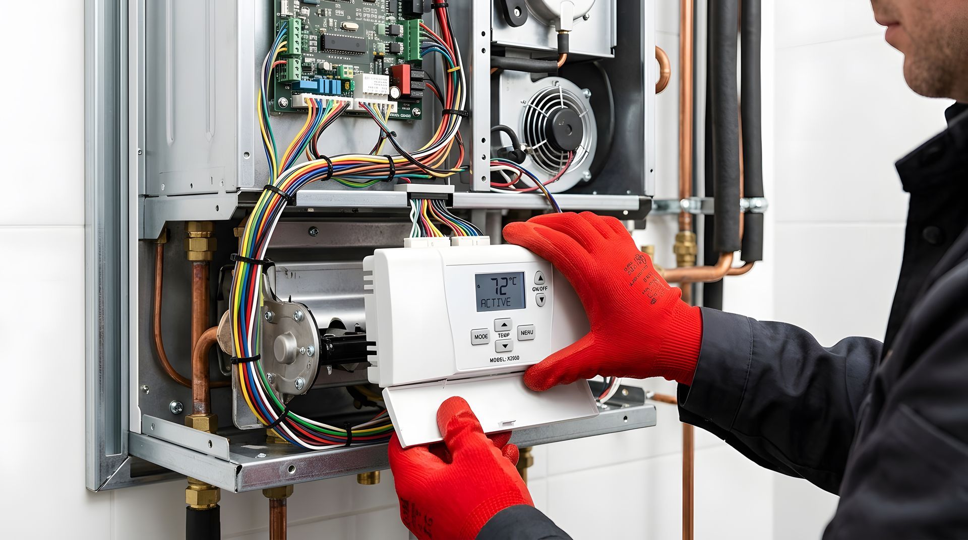 Technician in red gloves adjusting a boiler control panel with exposed wiring.