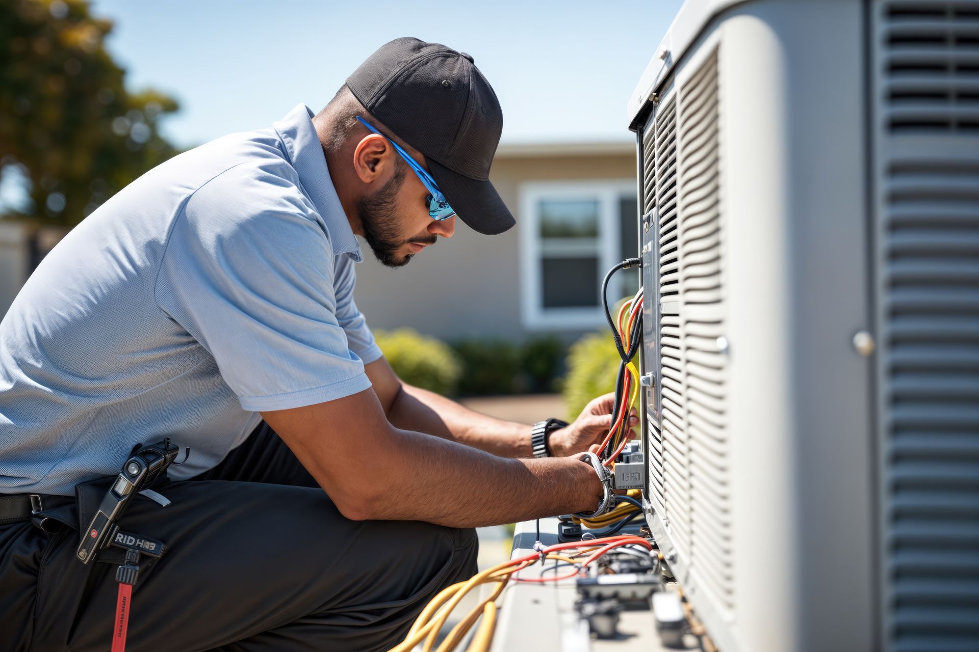 Technician kneeling beside an outdoor HVAC unit, using tools to service wiring.