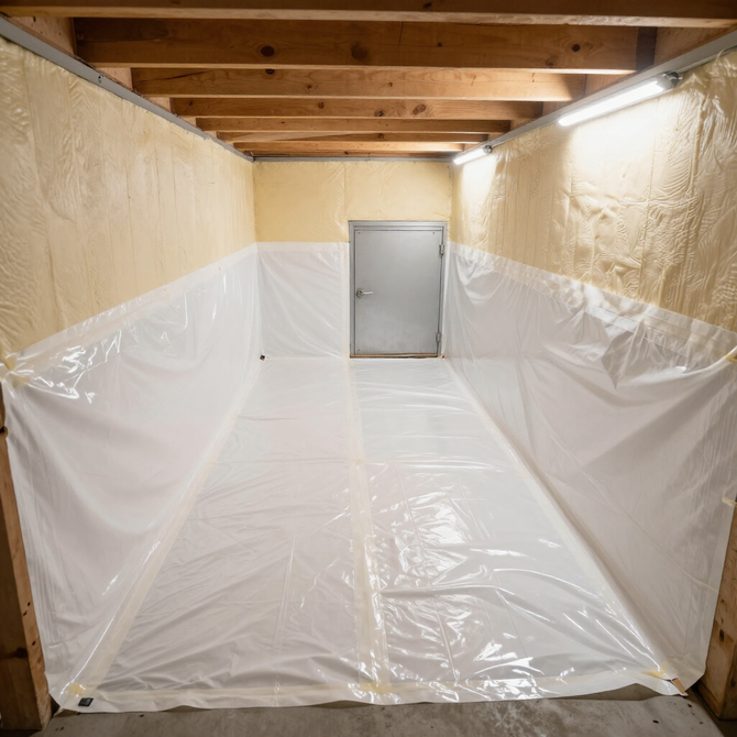 Basement utility room with a sump pump, wall-mounted water heater, and storage shelves.