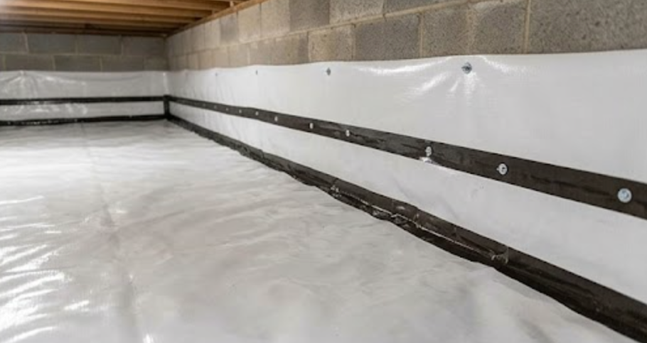 Empty basement crawlspace lined with white vapor barrier and black support strips