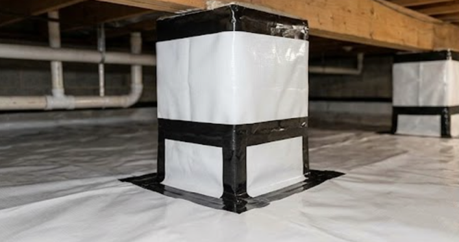 Wrapped wooden support post under a floor with white plastic sheeting and black tape bands