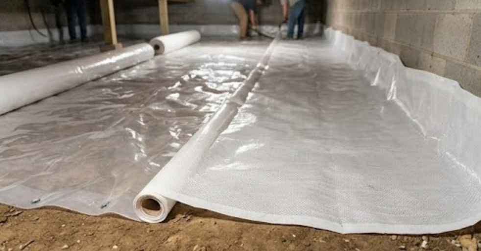 White waterproof liner rolled out over dirt floor in a narrow basement or crawlspace with pipes overhead