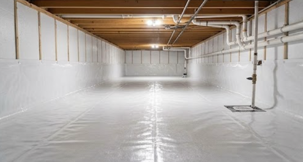 Empty white basement with a plastic-covered floor and exposed wooden ceiling beams
