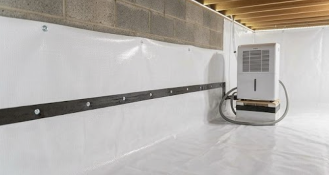 White plastic-lined crawlspace with a black support beam and an HVAC unit on the right