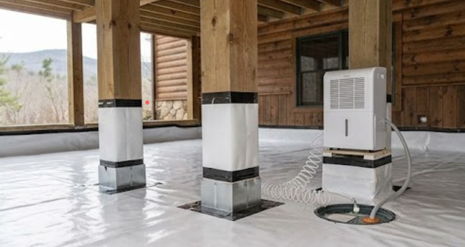 Wooden pavilion with tarp-covered columns and a white portable air conditioner on the floor