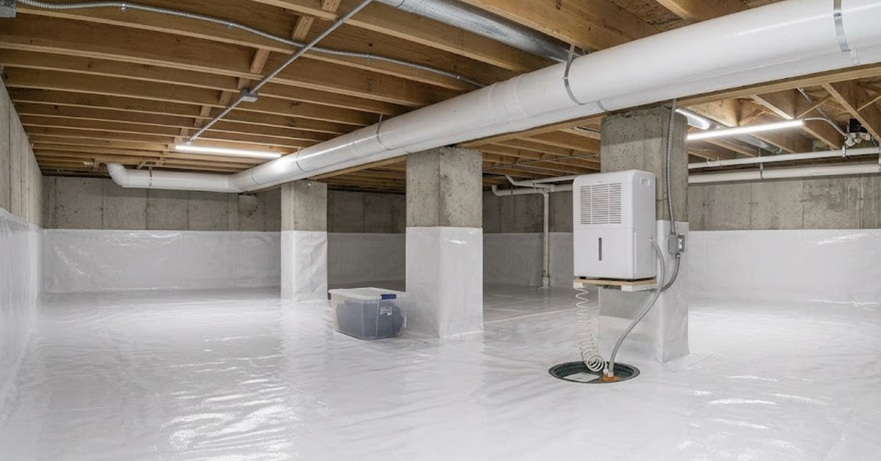 Basement under renovation with white floor coating, exposed beams, and a dehumidifier on the floor.