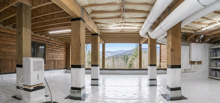 Empty unfinished room with exposed wooden beams, white walls, and large windows overlooking mountains.