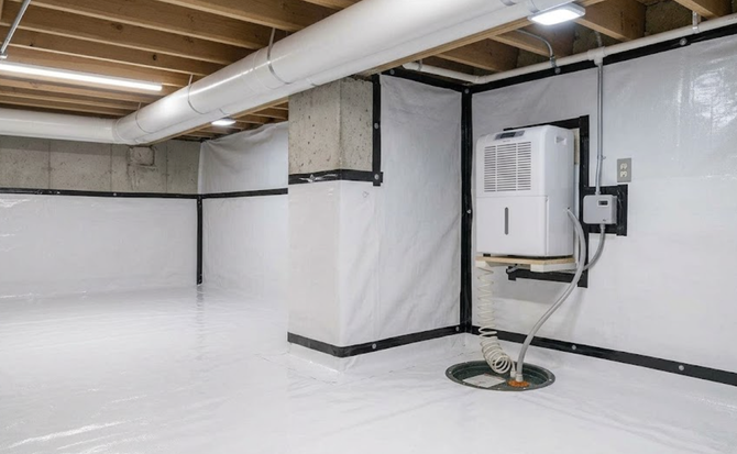 Basement utility room with white walls, exposed ceiling beams, and a water heater/boiler unit