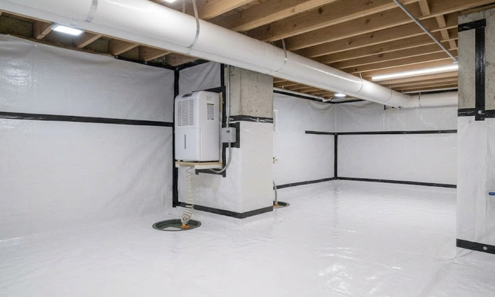 Empty basement with white walls, exposed ceiling beams, and a furnace or utility box in the center.