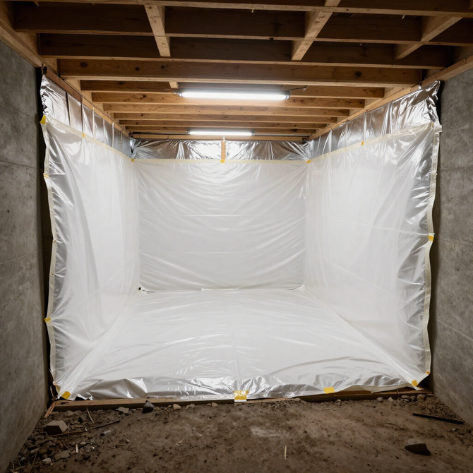 Wrapped wooden support posts under a raised structure, with black tape on white protective covering in a crawlspace.