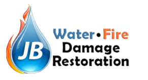 Logo for JB Water & Fire Damage Restoration: A blue water drop with flames and text "Water &bull; Fire Damage Restoration".