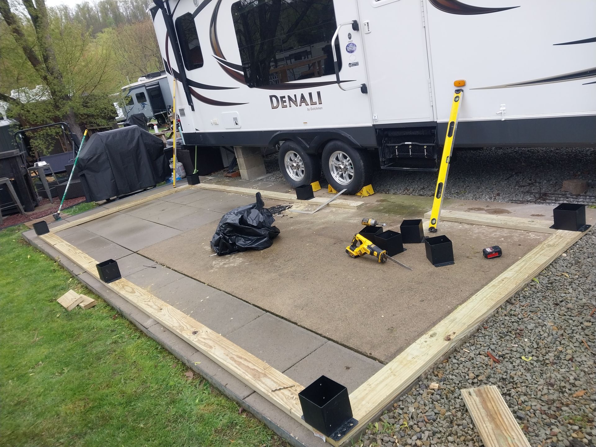 A gravel pad with wood borders, leveling blocks, and tools near a white RV trailer in a grassy area.