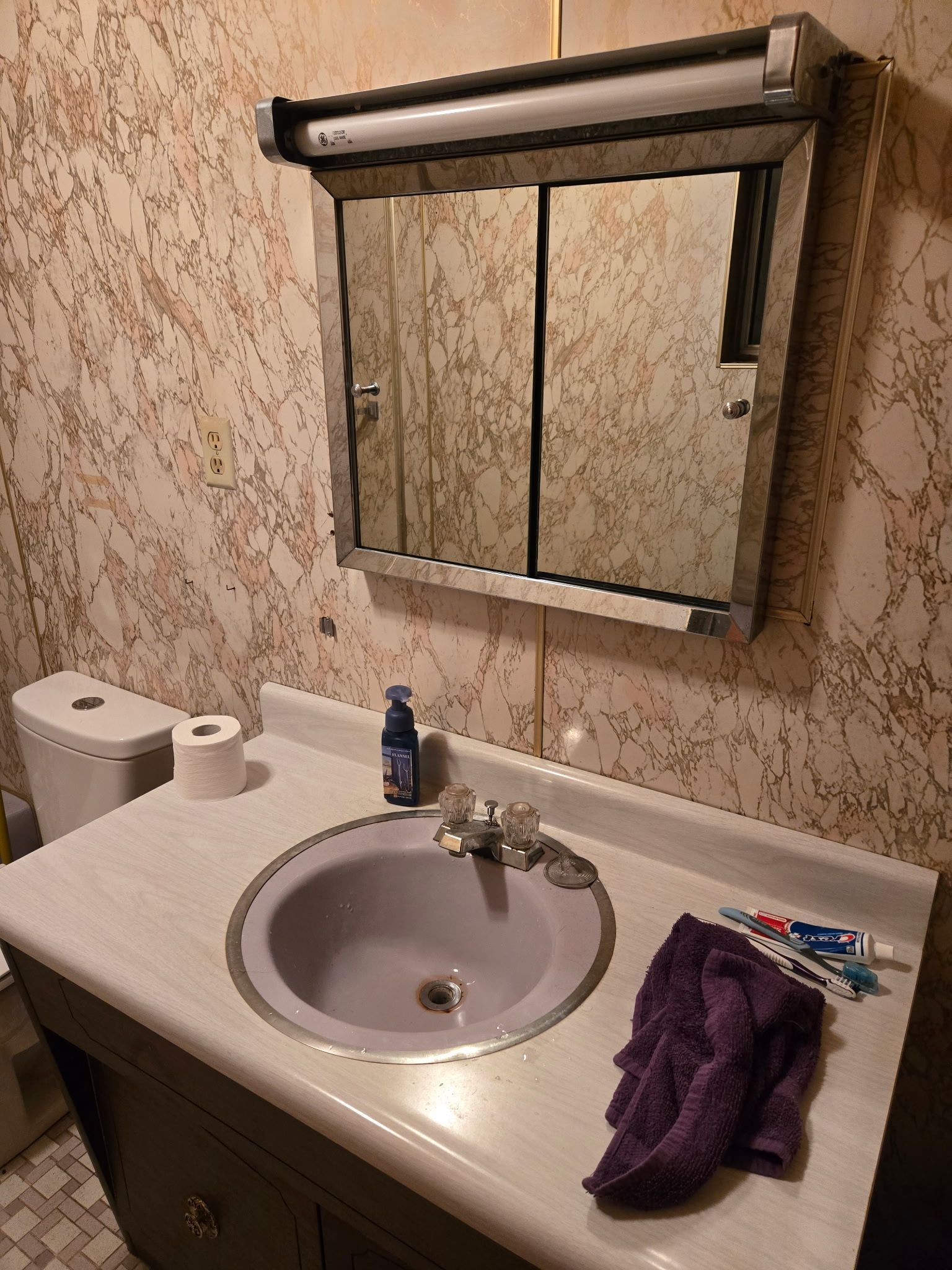 Bathroom with a lilac sink, mirrored cabinet, and paper towel roll on the countertop.